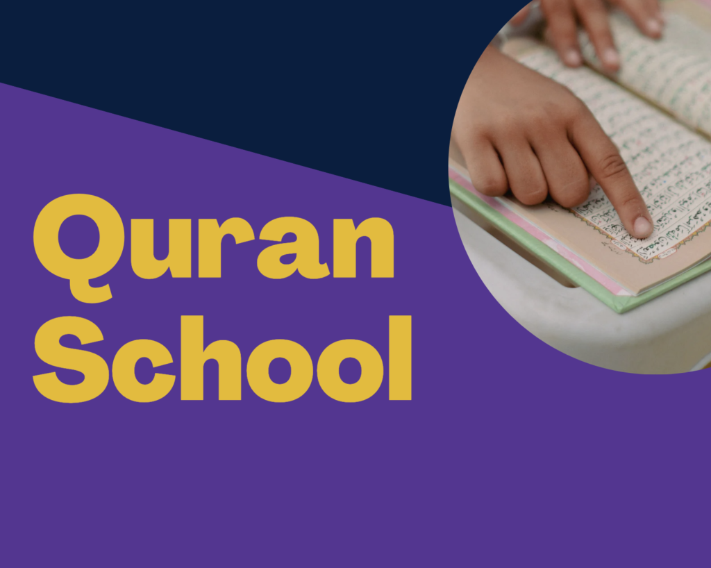 Event flyer for Quran school at ICYL. Youth children read and recite quran with qualified Quran teacher.