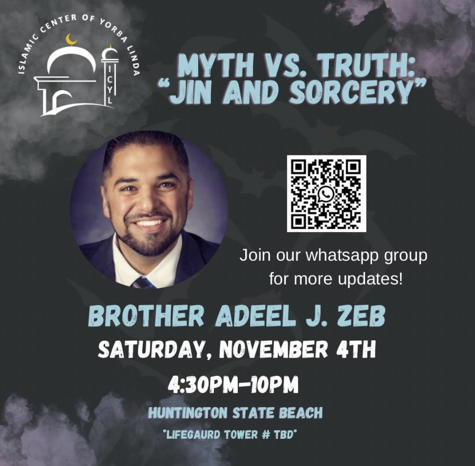 Flyer for Myth vs. Truth: Jinn and Sorcery. Bonfire at Huntington State Beach. Organized by ICYL Youth.