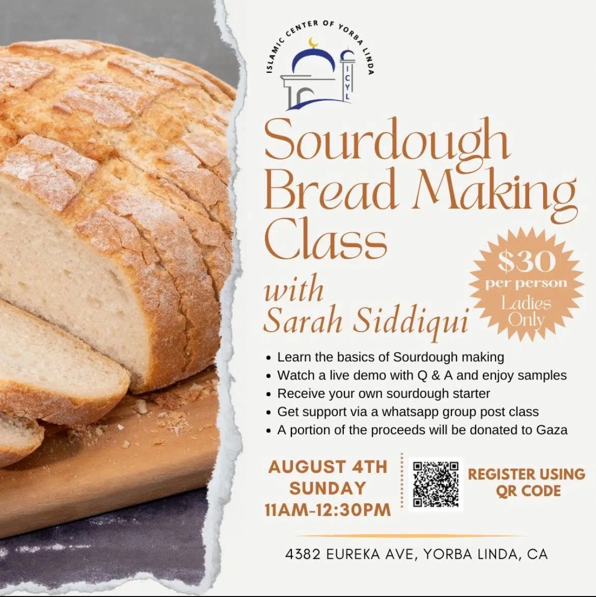 Flyer for sourdough bread making on August 4, 2024.